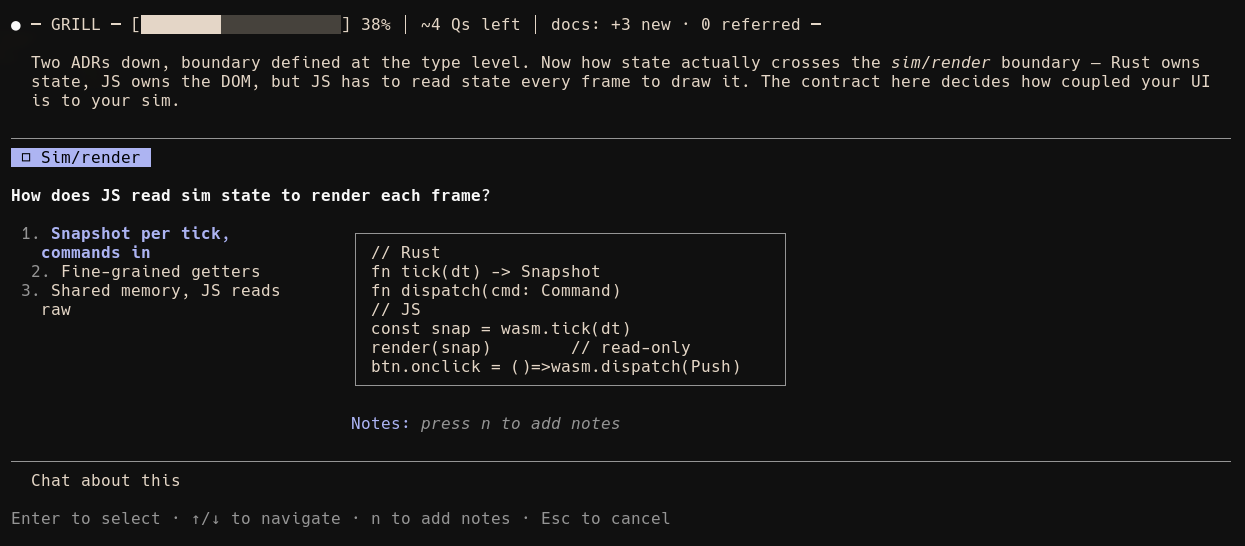 A grill session in progress: a progress bar reading 38% with about four questions left and three new docs touched, above a single multiple-choice question about a sim/render boundary with three named options and a Rust/JS code snippet.