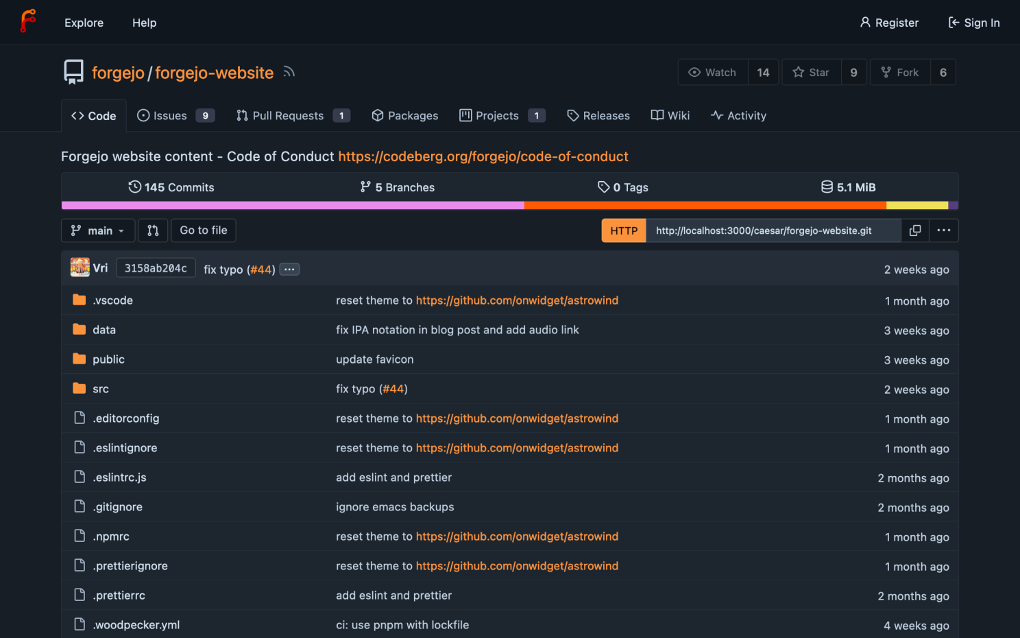 The Forgejo project website on codeberg.org, showing the open-source, self-hosted forge.