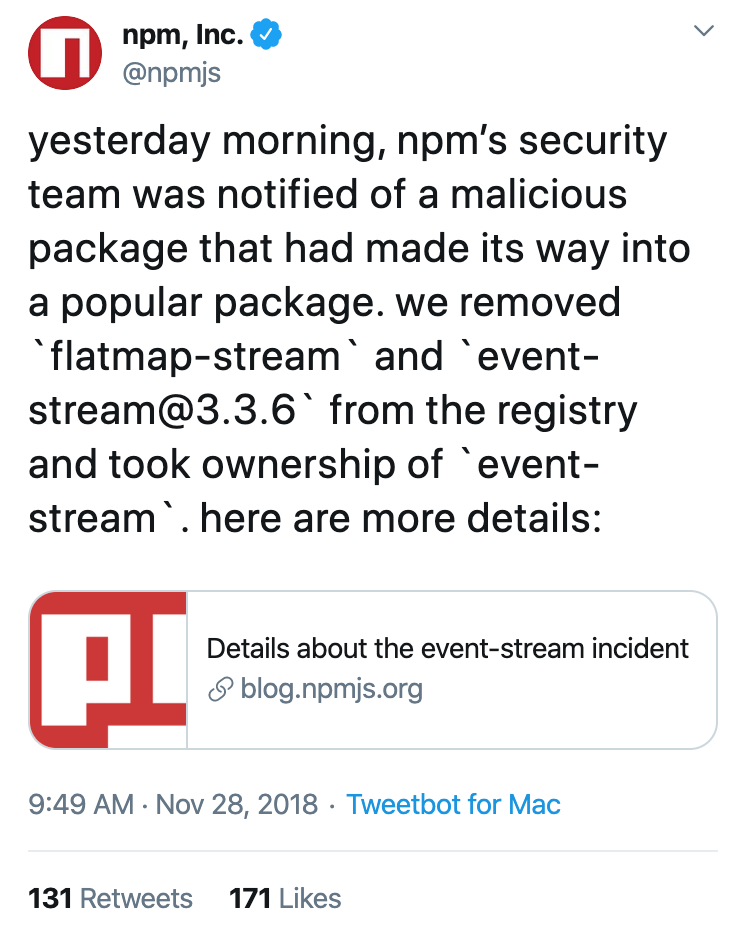 npm tweet from Nov 28, 2018 announcing removal of flatmap-stream and event-stream@3.3.6 from the registry.